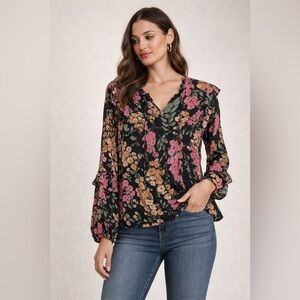 Joy Joy Black Floral Blouse Size Medium Long Sleeves Ruffle Boho VNeck Top